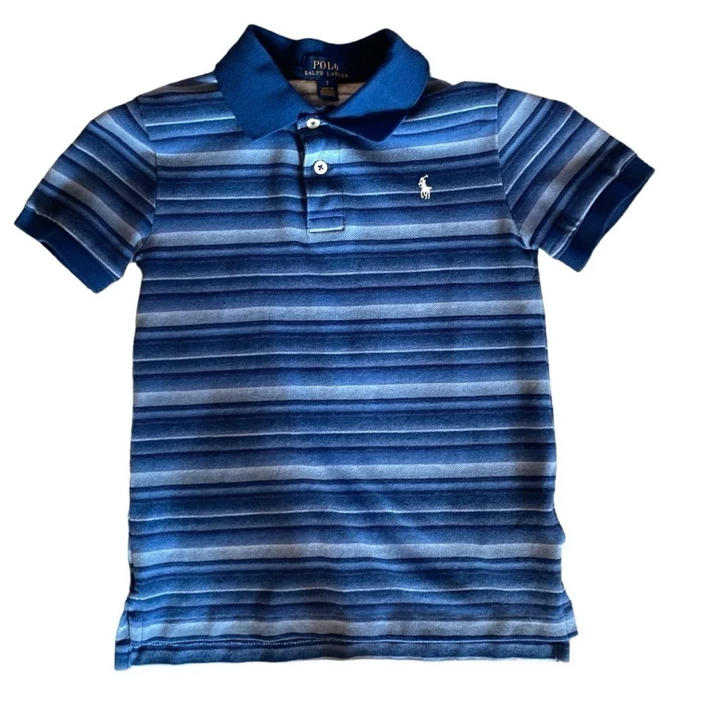 Ralph Lauren POLO Blue Striped Cotton Mesh Polo Short Sleeve, Youth Size 7 EUC